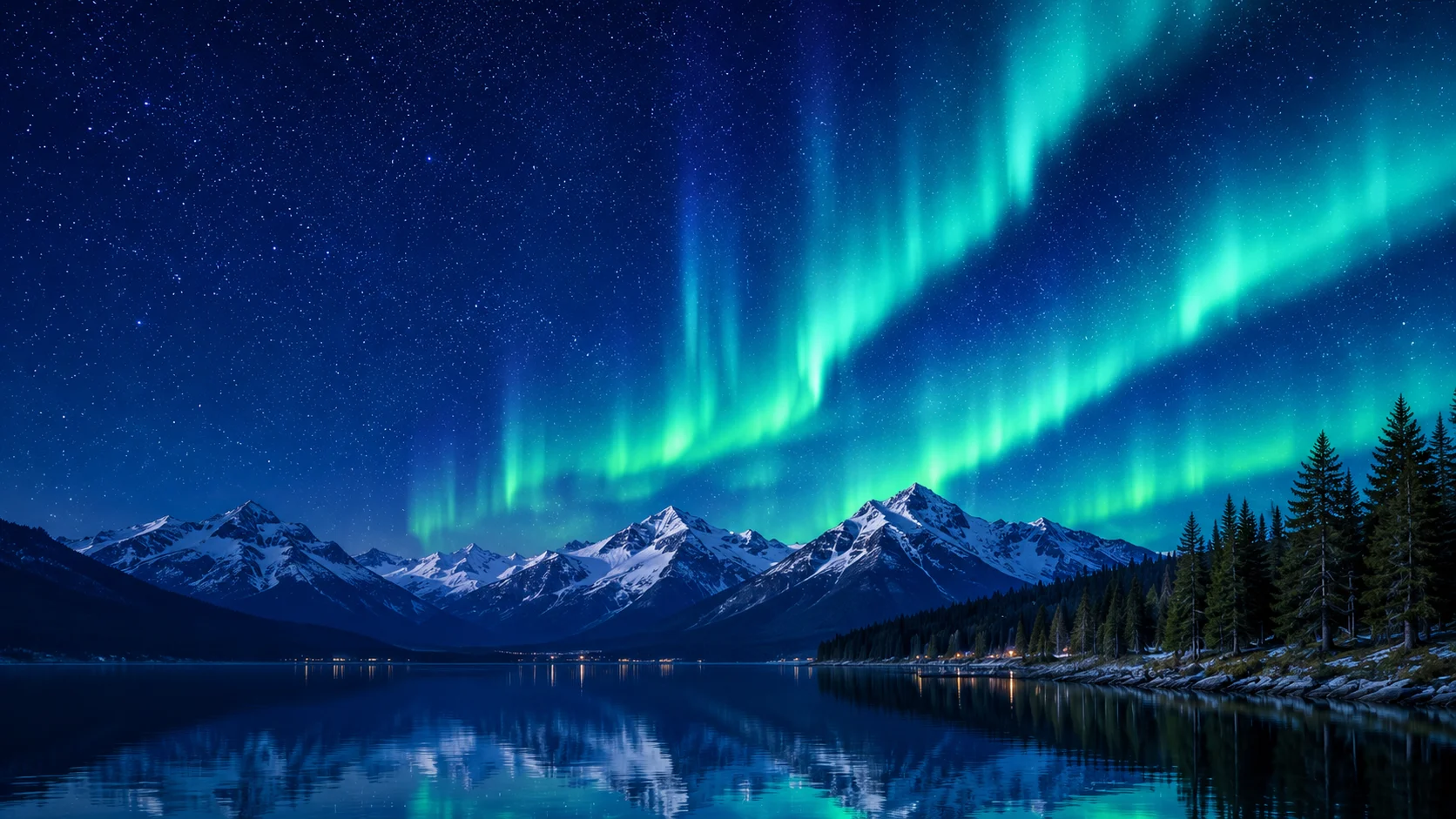 Northern lights over mountains and a lake