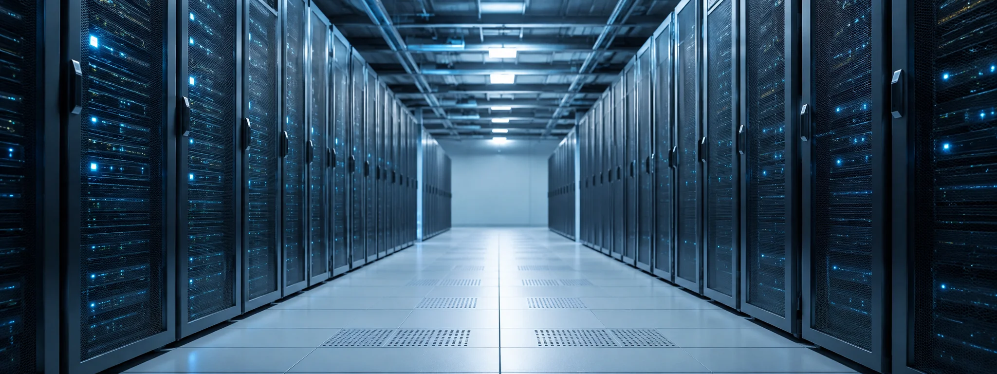 Server room aisle in cool blue lighting, receding perspective
