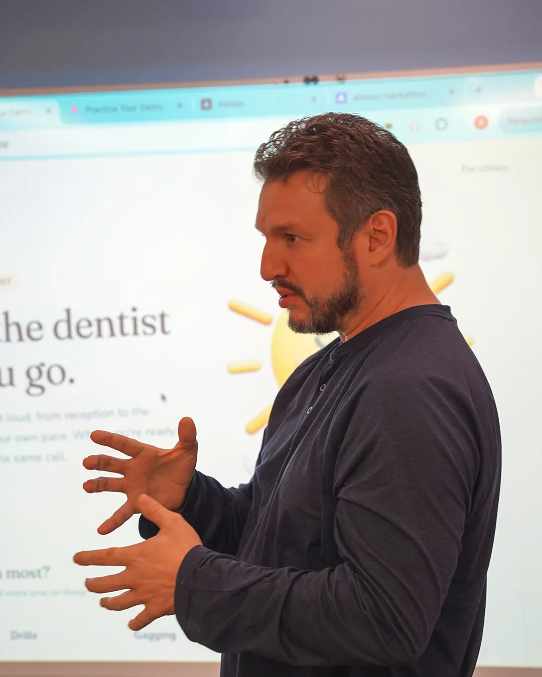 A participant presenting the Brightside dental rehearsal prototype.