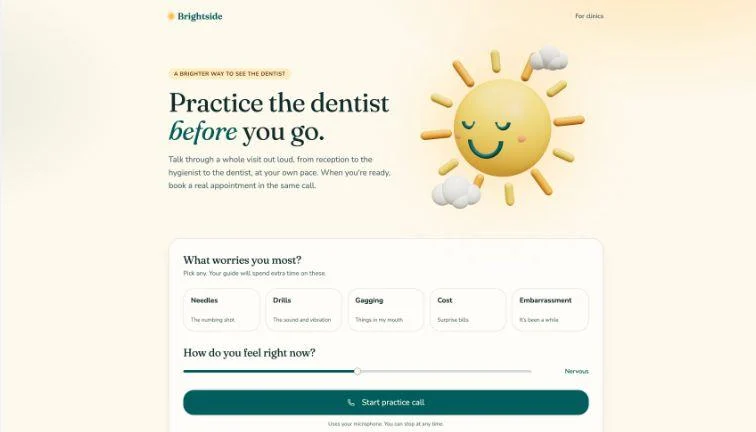 Brightside prototype interface with dental worries, a feelings slider and a start practice call button.