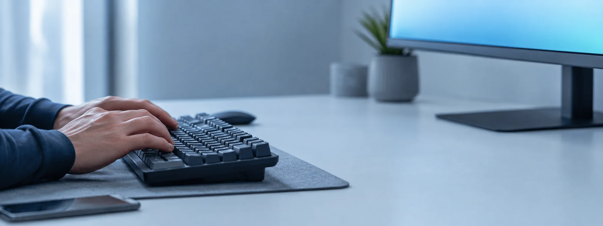 Hands on a mechanical keyboard with a terminal on screen, dark desk, cool light