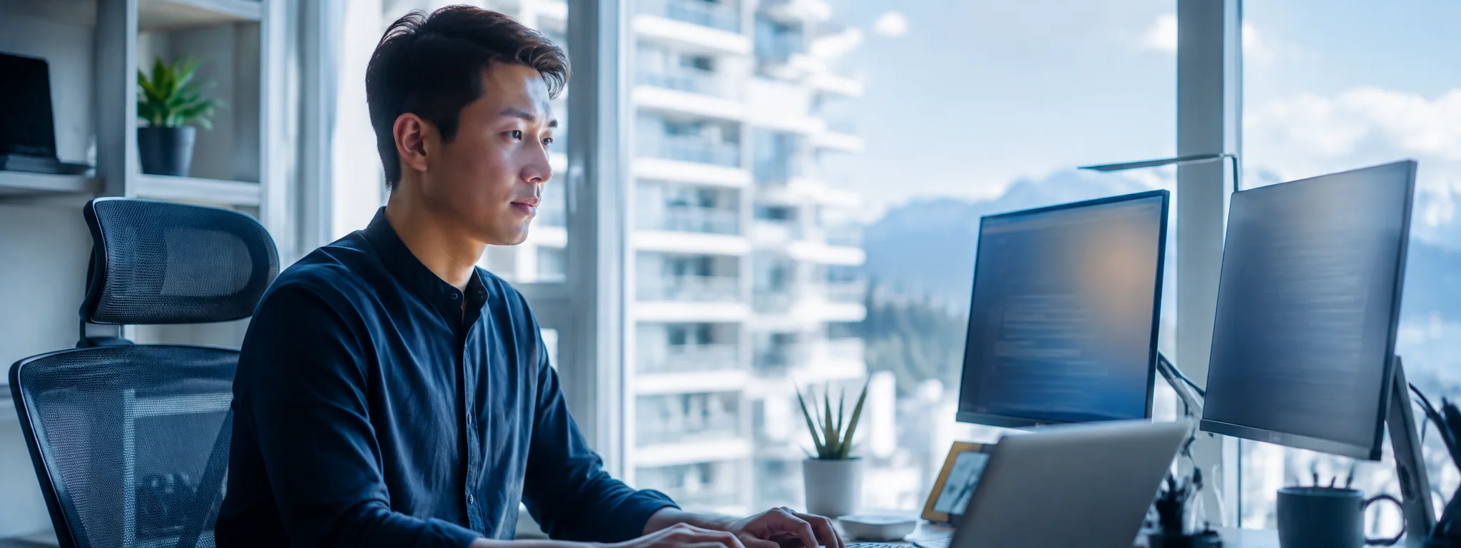 Single developer at a desk in a dark room, monitor light on their face