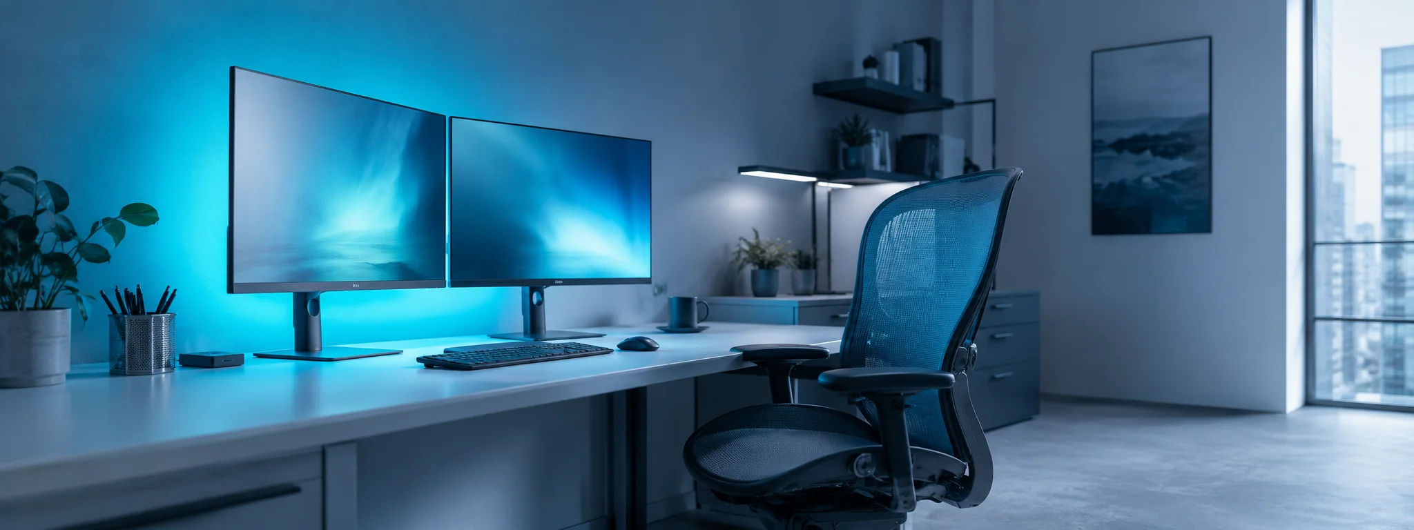 Developer workstation with two monitors of code, night, cyan monitor glow