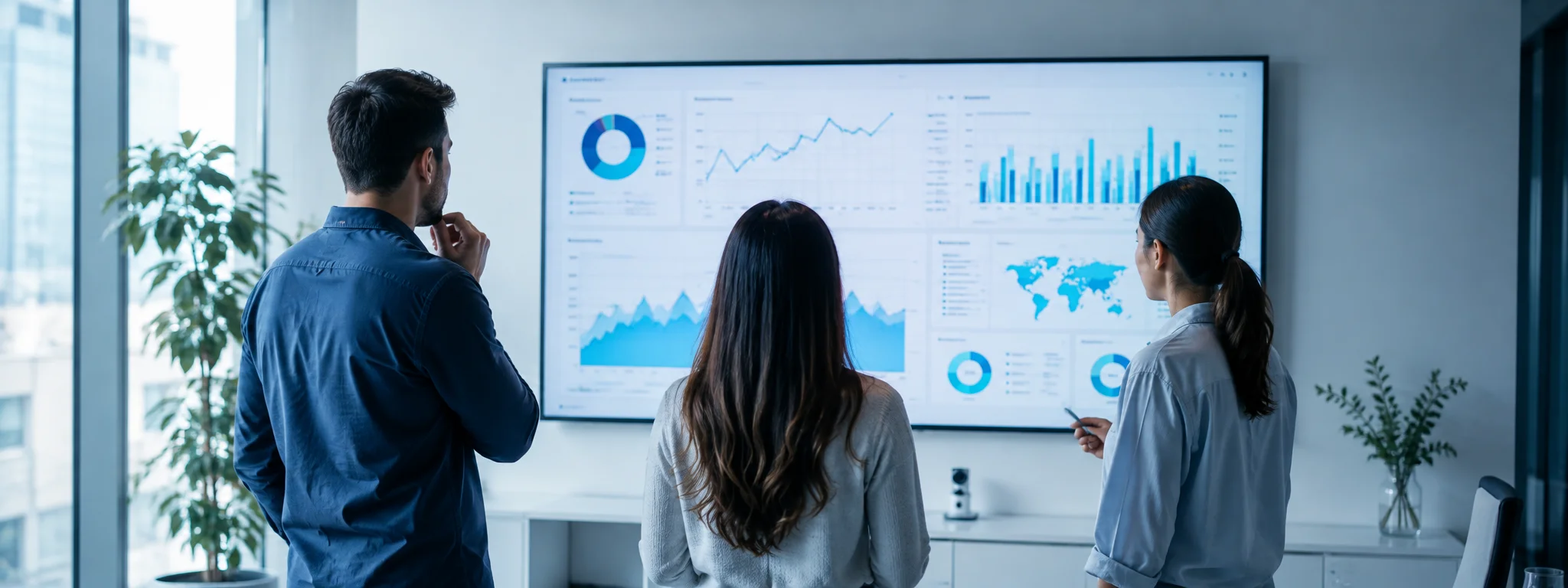 Agency team reviewing a branded dashboard on a large wall screen, low-key cool office