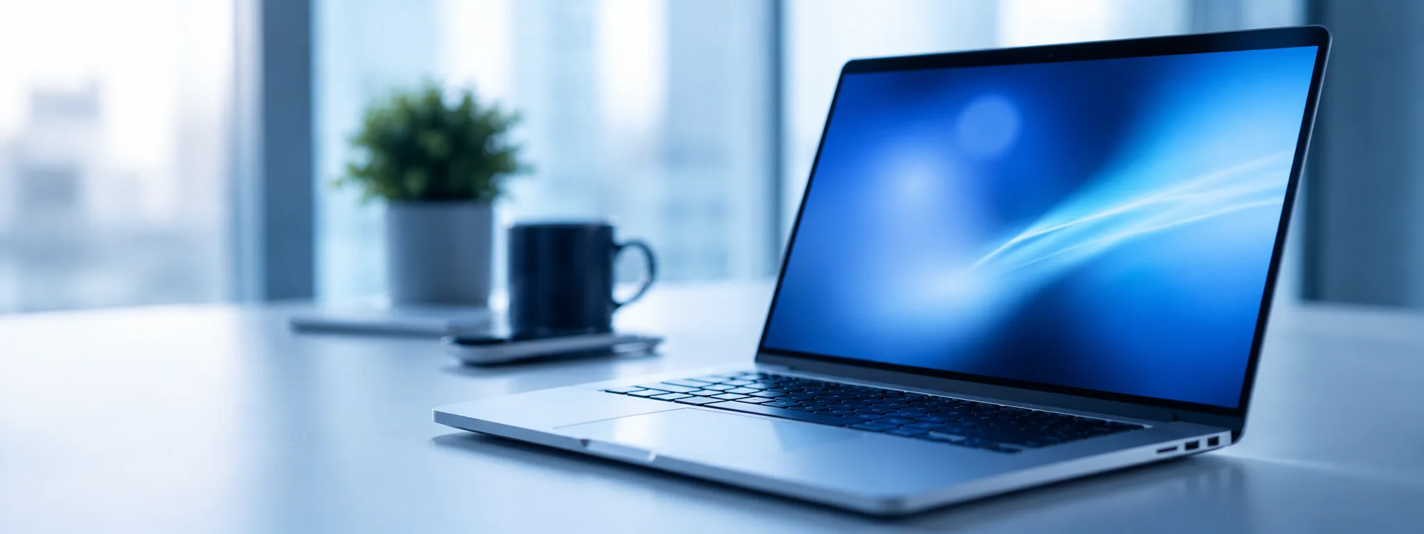 Close-up of a laptop showing a white-labelled interface, dark room, cyan screen glow