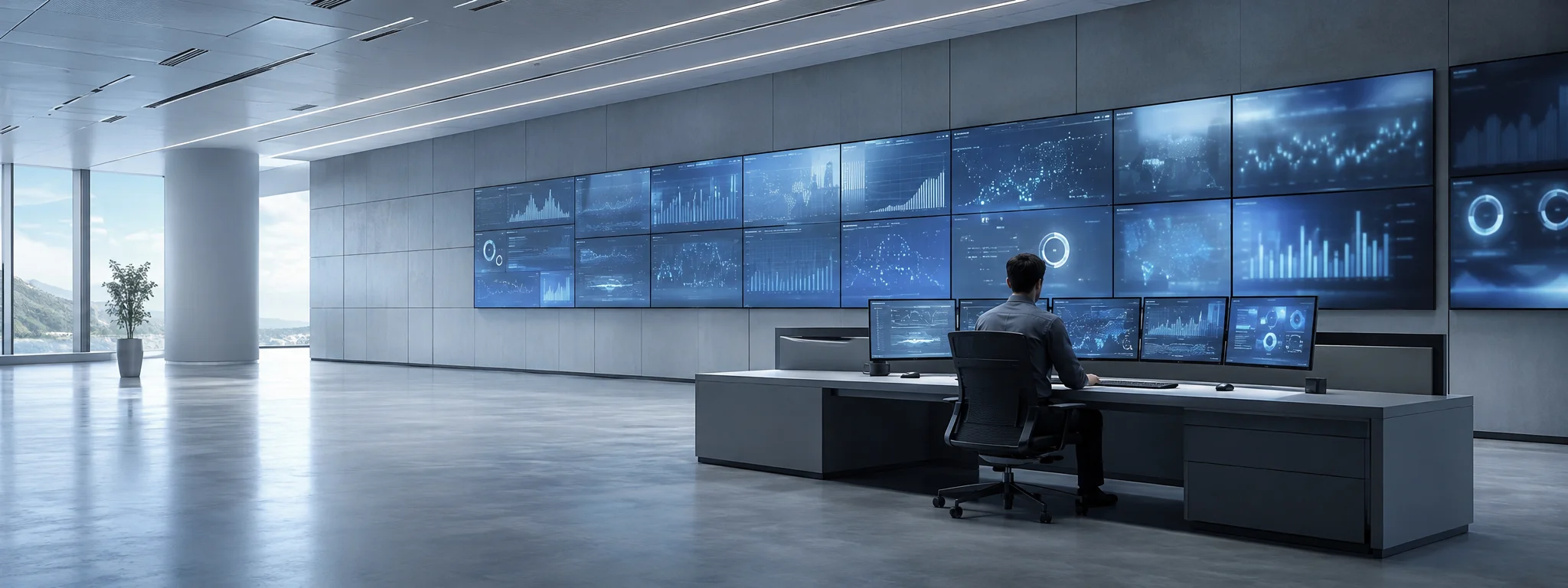 Wide shot of a dark control room with multiple monitors, cyan glow