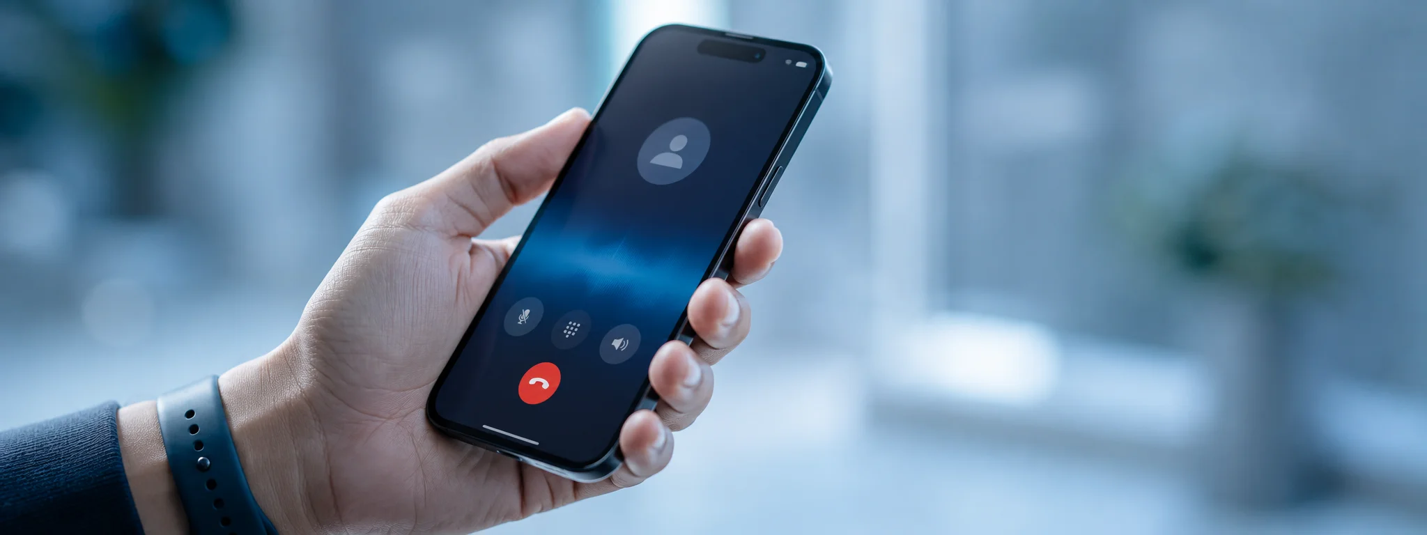 Phone in hand showing a live call in progress, dark surroundings