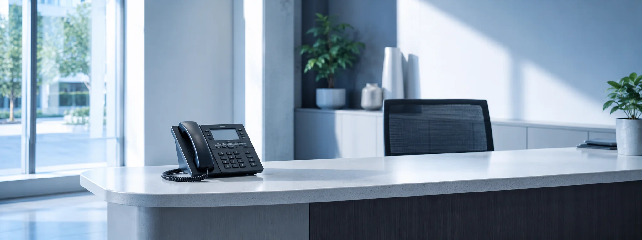 Empty reception desk with a desk phone, early morning cool light