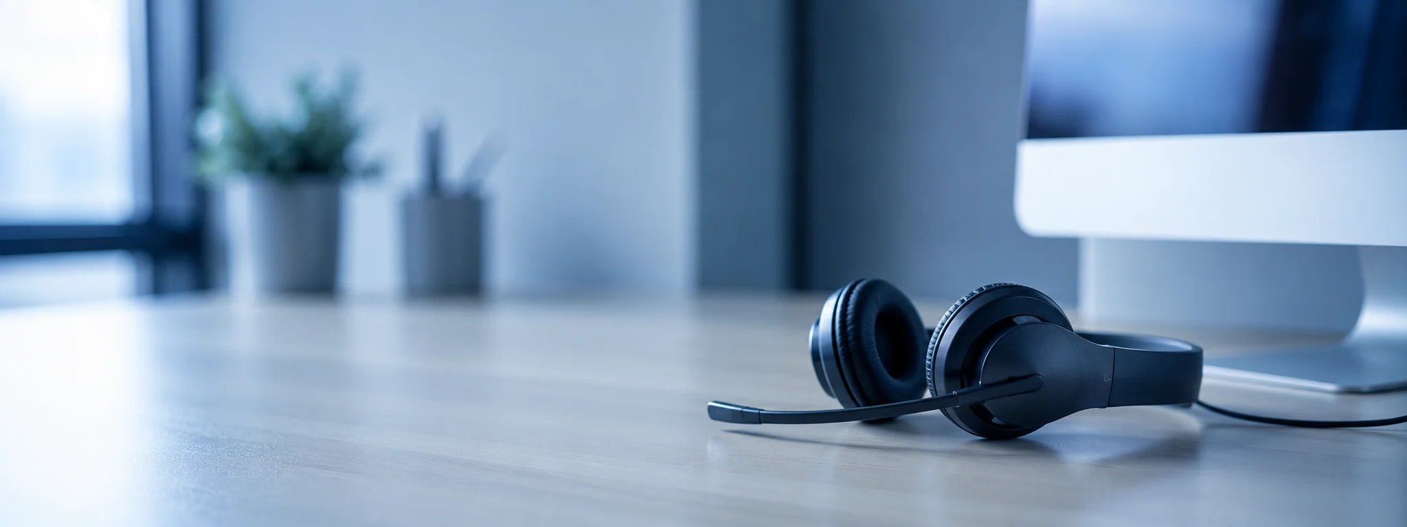 Headset resting on a desk beside a monitor, cool light, shallow depth