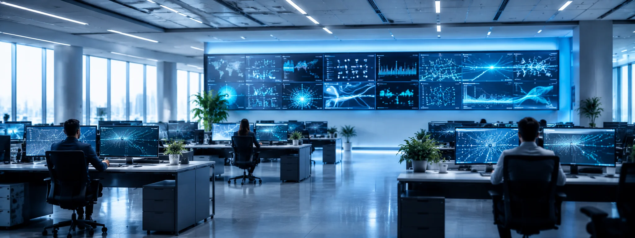Operations team in front of a wall of monitors, cool blue light, wide shot