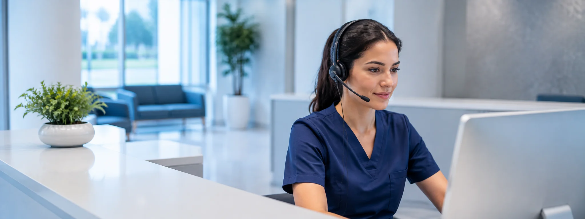 Clinic reception with a staff member on a headset, clean cool light