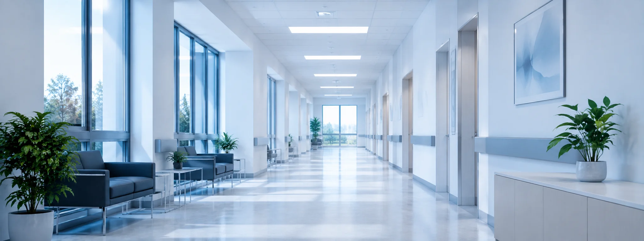 Empty clinic corridor in soft cool light, calm and quiet