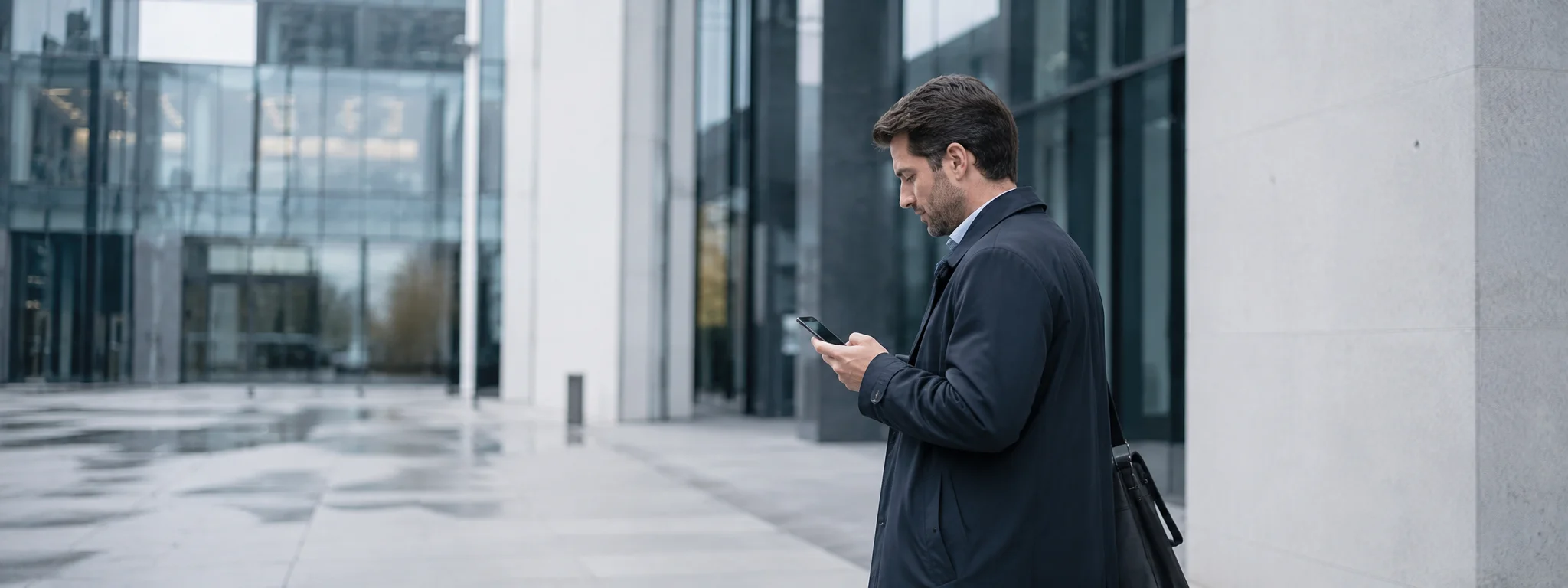 Candidate checking their phone outside an office building, evening